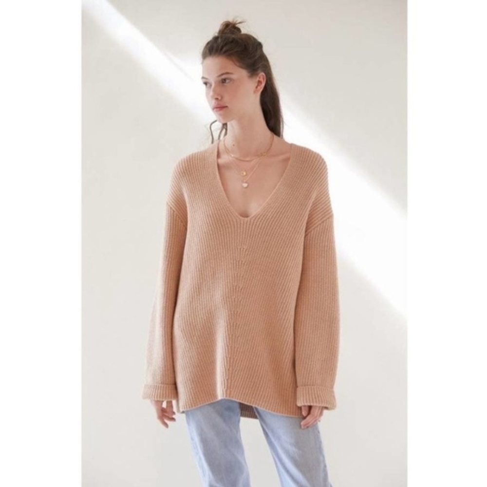 Urban Outfitters Victoria Oversized V-Neck Sweater in Beige